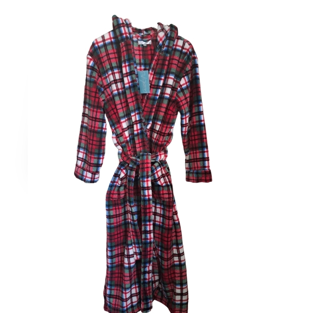 ALEXANDER DEL ROSSA plush plaid hooded bathrobe check robe COZY coastal TAGS SM
